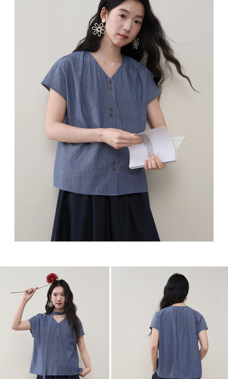Giordano Designer Women's Summer New Cotton Linen Tie-Striped V-Neck Short Sleeve Shirt 18346311 12
