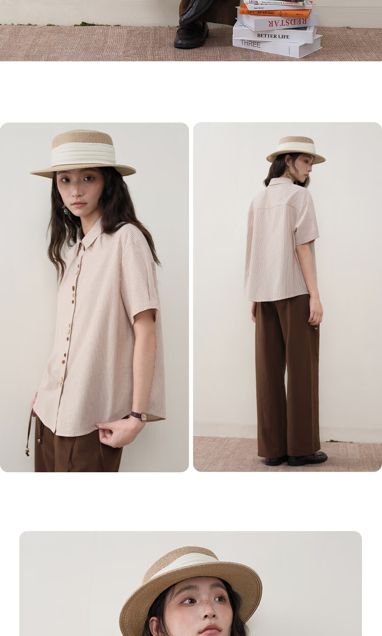 Giordano Designer Women's Cotton Striped Irregular Button Loose Lapel Short Sleeve Shirt 18346712 10