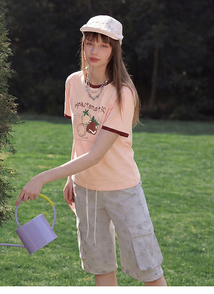 TonLion 2026 Summer Women's Color-Block Collar Short Sleeve T-Shirt with Fruit Pattern, Versatile, Fashionable, Comfortable, Premium Women's T-Shirt 15