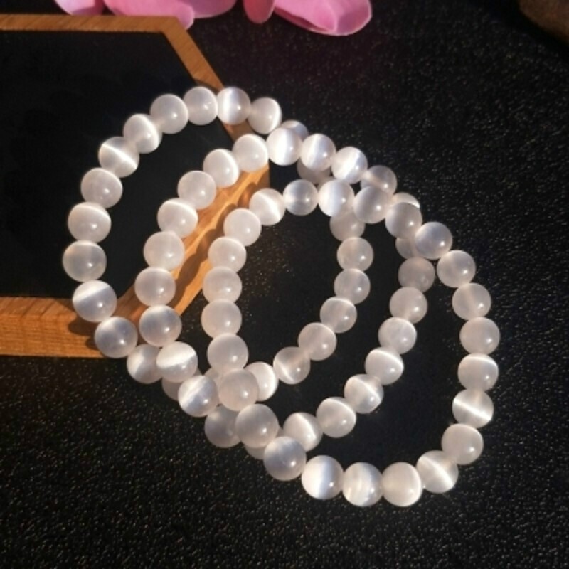 顶盈天然摩洛哥透石膏手串白色一线强猫眼石手链女单圈高频能量疗愈石