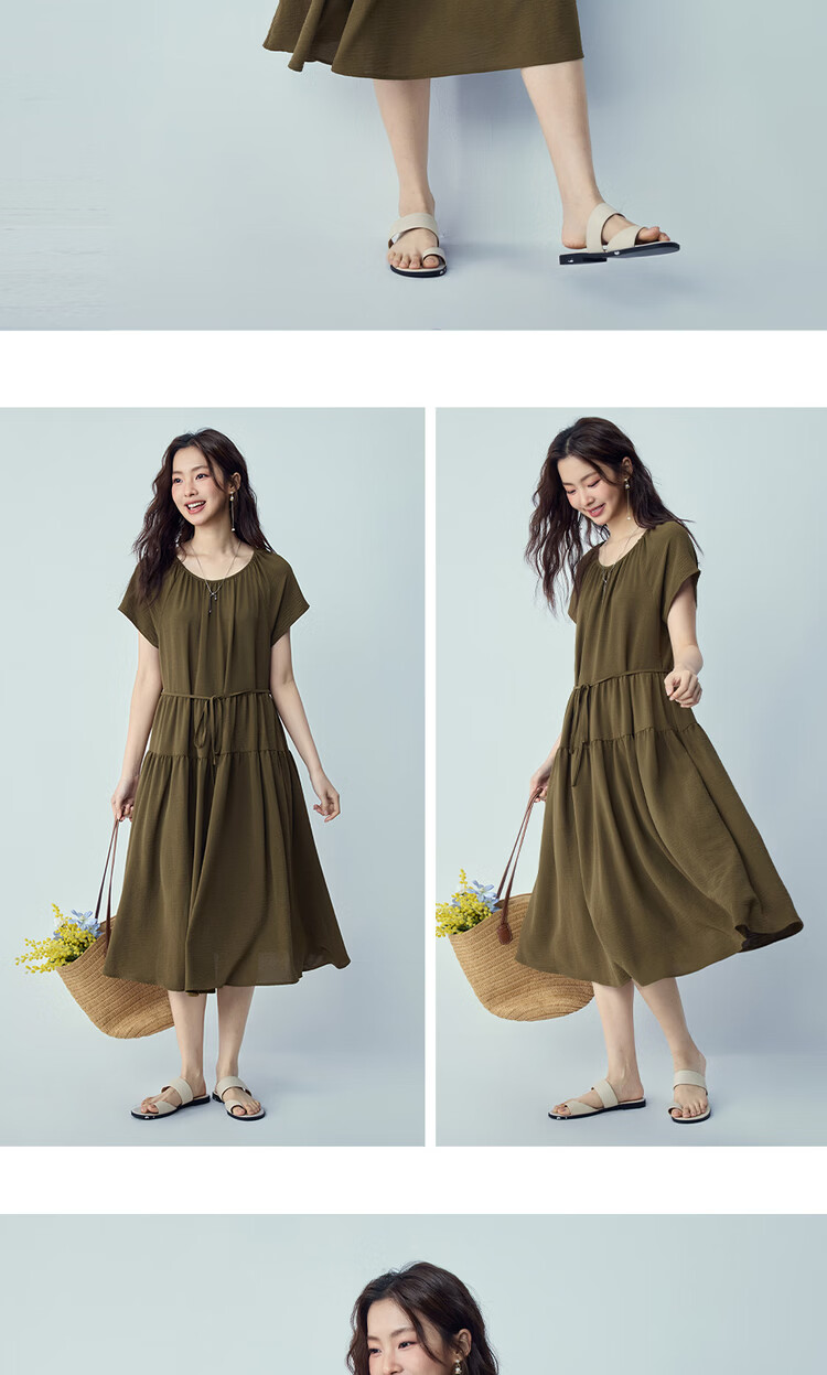 Giordano Women's Short Sleeve Long Dress 2026 Summer Textured Pleated Tie Round Neck Raglan Dress 13466242 10