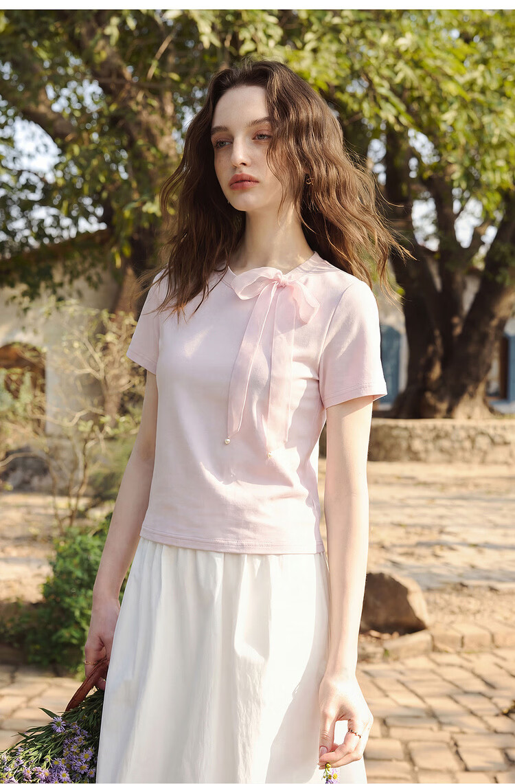 Olrain Detachable Ribbon French Style Short Sleeve T-Shirt Women Summer New Shoulder Round Neck Top Beige M 27