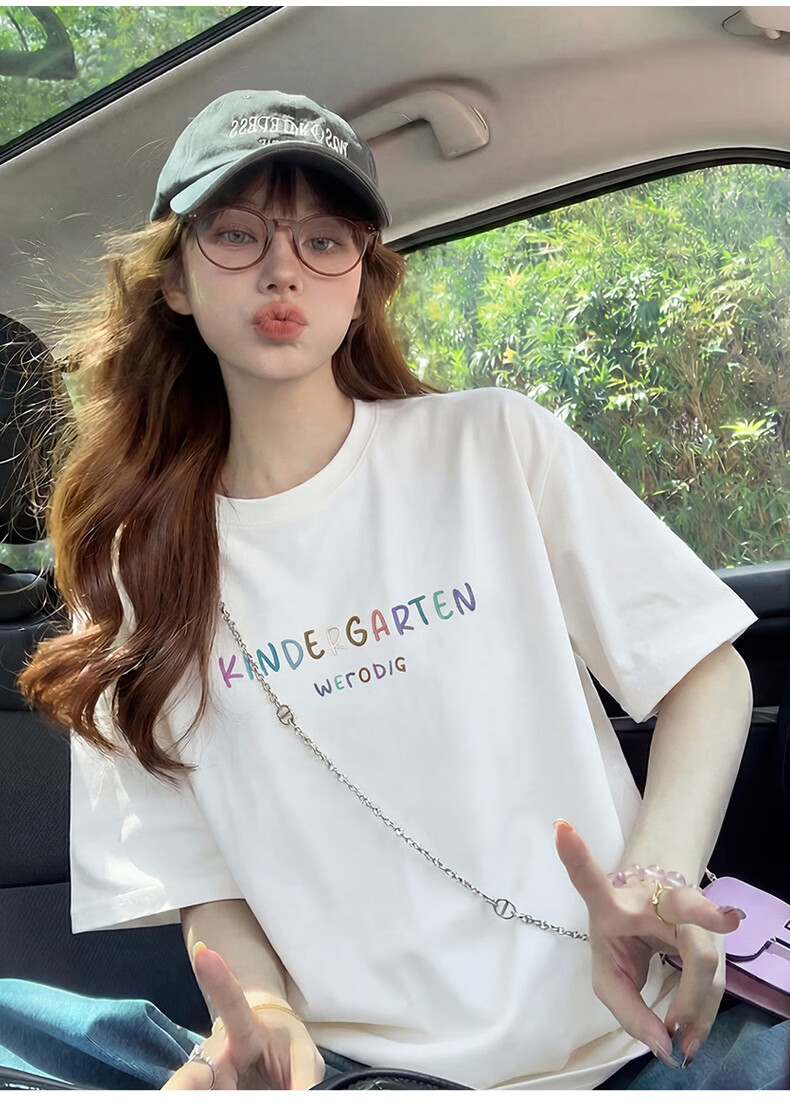 TonLion 2025 Summer Women's Crew Neck Front Text Print Short Sleeve T-Shirt 9