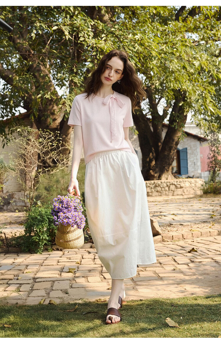 Olrain Detachable Ribbon French Style Short Sleeve T-Shirt Women Summer New Shoulder Round Neck Top Beige M 26
