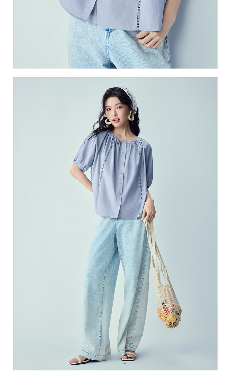 Giordano Women's New Linen Shirt Cotton Linen Hollow Out Pleated Loose Round Neck Raglan Mid Sleeve Shirt 05346462 18