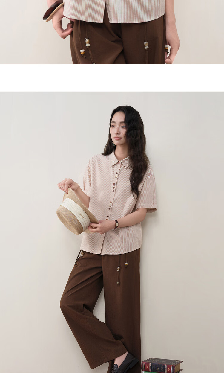 Giordano Designer Women's Cotton Striped Irregular Button Loose Lapel Short Sleeve Shirt 18346712 9