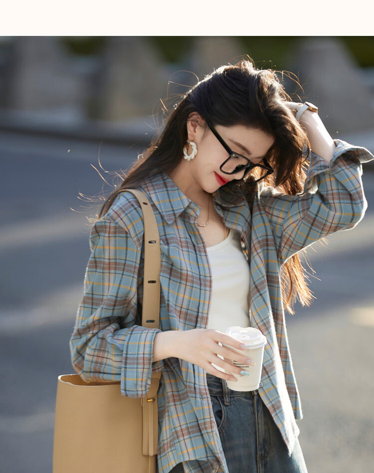 Demana Spring Autumn Breathable Pure Cotton Vintage Plaid Shirt Comfortable Slimming Blouse Women's Dark Blue L 15