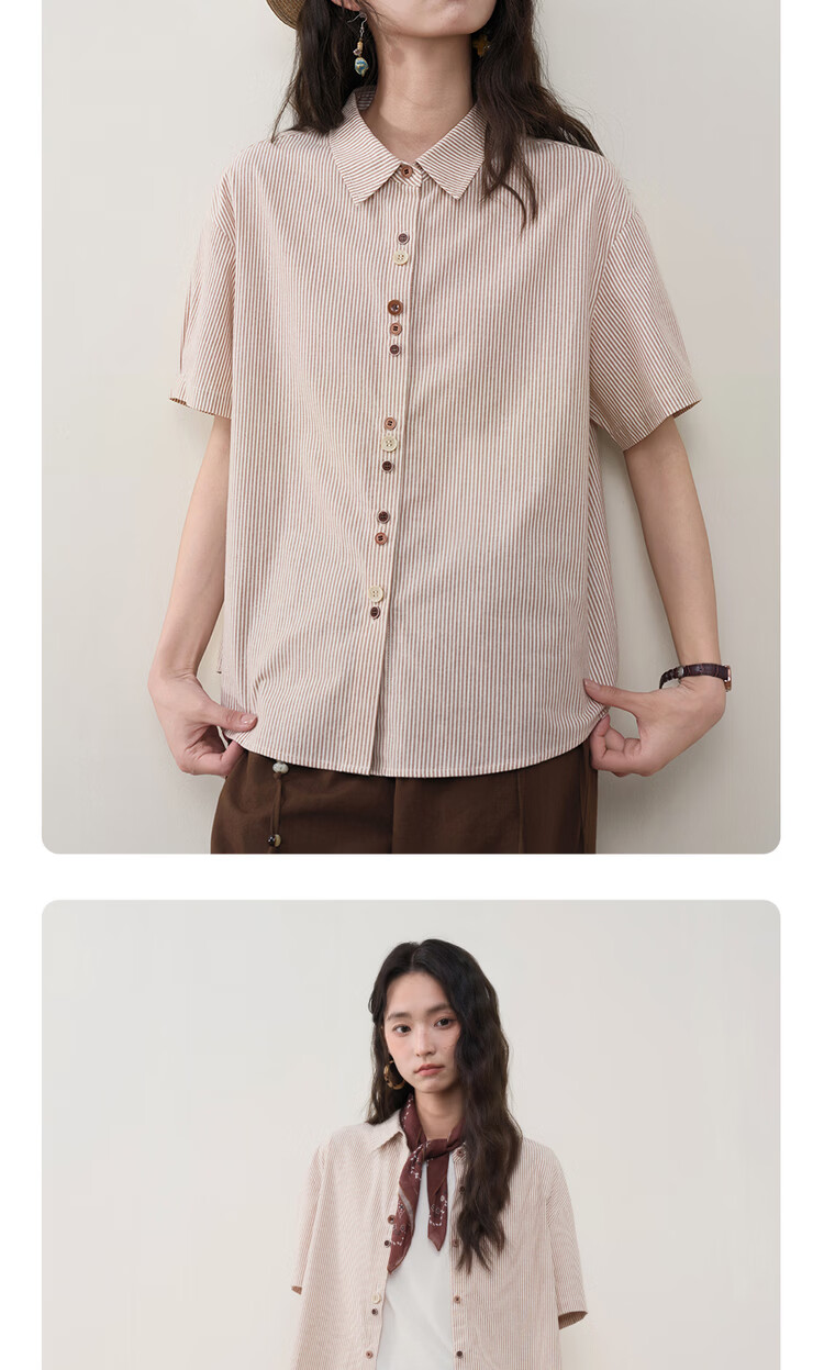 Giordano Designer Women's Cotton Striped Irregular Button Loose Lapel Short Sleeve Shirt 18346712 11