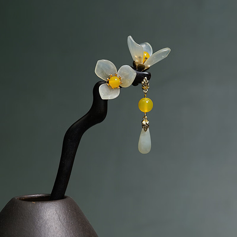 檀木发簪子古风岫玉簪黑檀木簪发钗流苏汉服头饰手工旗袍高级盘发迎春