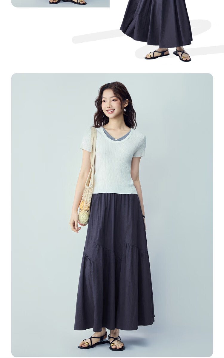 Giordano Women's Loose Flared Umbrella Skirt 2026 Summer New Patchwork Pleated Elastic Waist Long Skirt 13466206 17