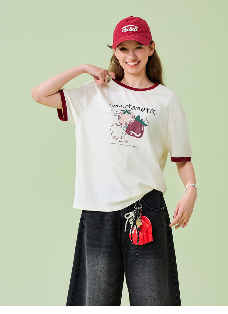 TonLion 2026 Summer Women's Color-Block Collar Short Sleeve T-Shirt with Fruit Pattern, Versatile, Fashionable, Comfortable, Premium Women's T-Shirt 7