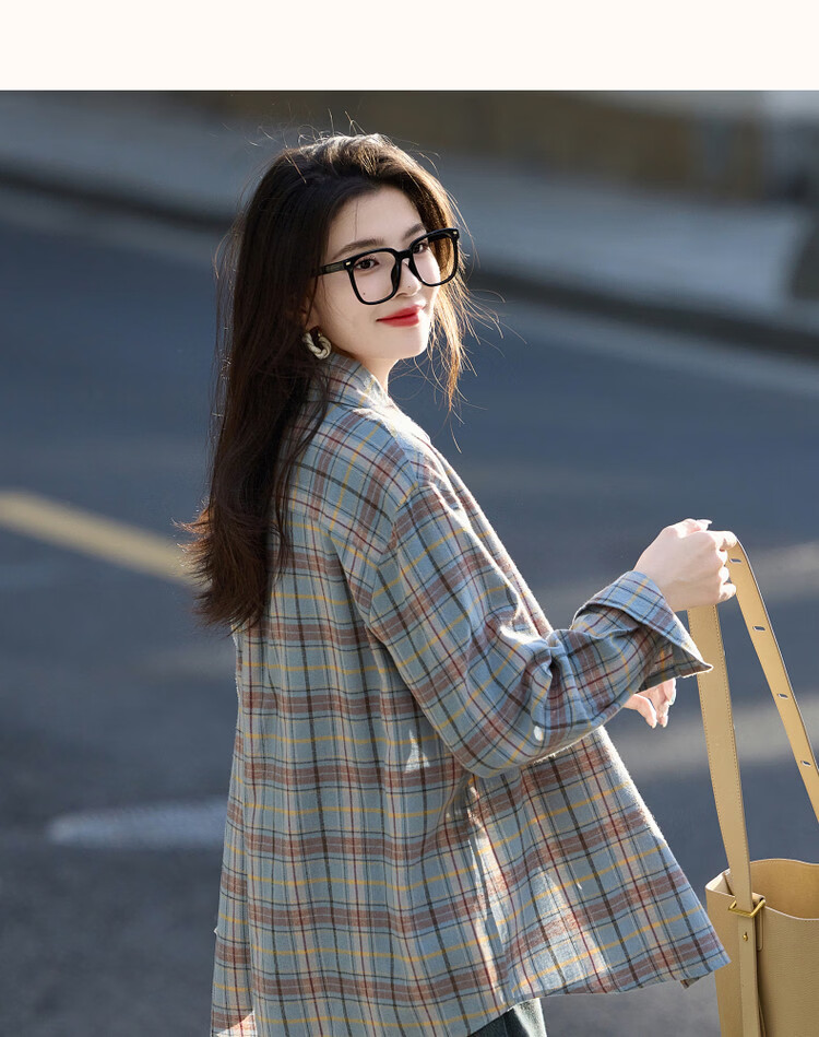 Demana Spring Autumn Breathable Pure Cotton Vintage Plaid Shirt Comfortable Slimming Blouse Women's Dark Blue L 17