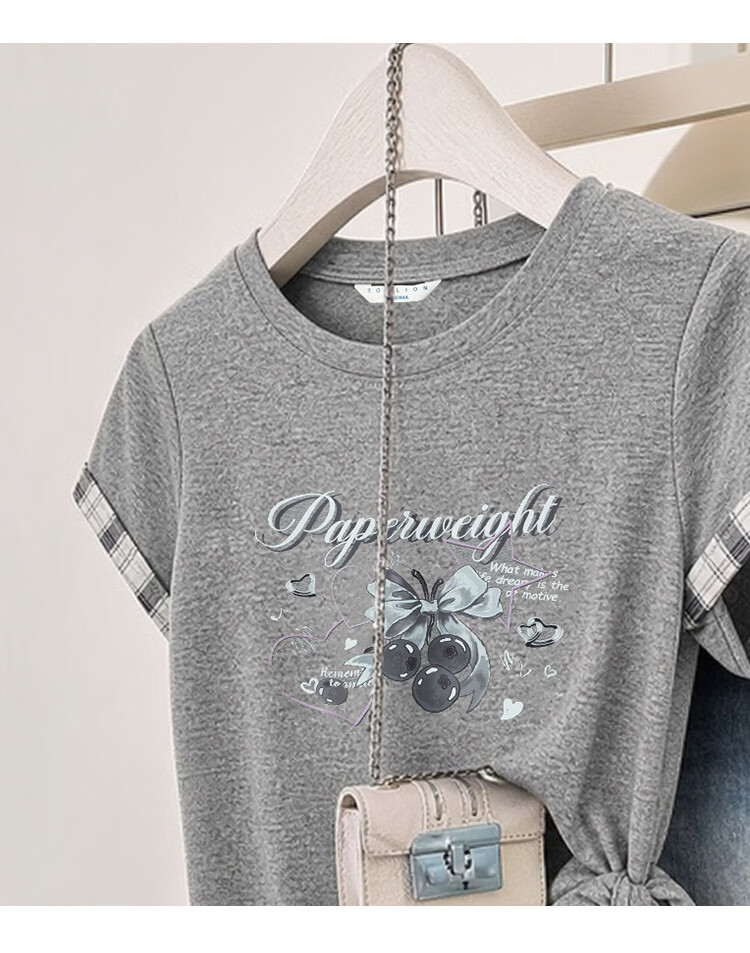 TonLion 2026 Summer New Slim Fit Gray Patchwork Short Sleeve T-Shirt for Women Stylish Casual Designer Niche Top 3