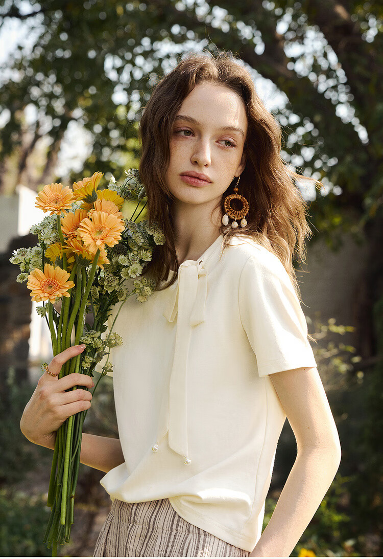 Olrain Detachable Ribbon French Style Short Sleeve T-Shirt Women Summer New Shoulder Round Neck Top Beige M 1