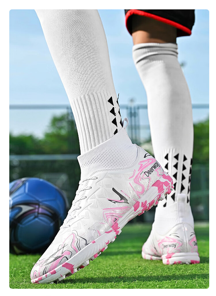 DEERWAY Men's Soccer Shoes TF Turf Studs High-Top Training Shoes for Adults and Youth Ages 12-16 White Gray Pink Size 44 12