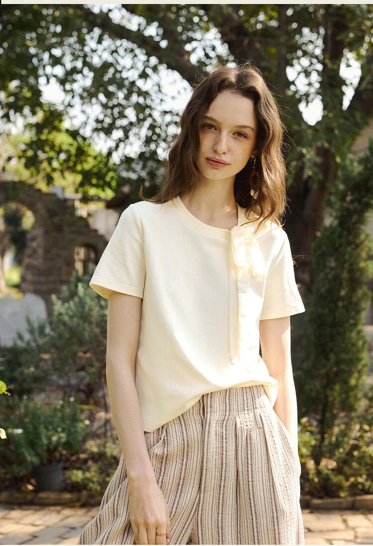 Olrain Detachable Ribbon French Style Short Sleeve T-Shirt Women Summer New Shoulder Round Neck Top Beige M 5