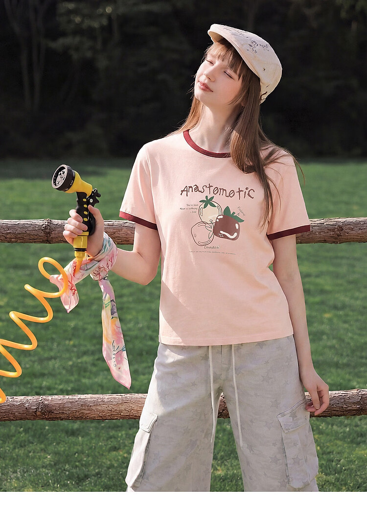 TonLion 2026 Summer Women's Color-Block Collar Short Sleeve T-Shirt with Fruit Pattern, Versatile, Fashionable, Comfortable, Premium Women's T-Shirt 14