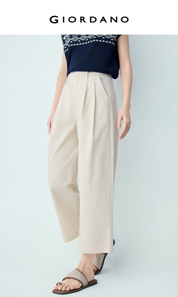 Giordano Women's Loose Fit Pants 2026 Summer New Pure Cotton Pleated Semi-Elastic Waist Cropped Casual Pants 13426301 3