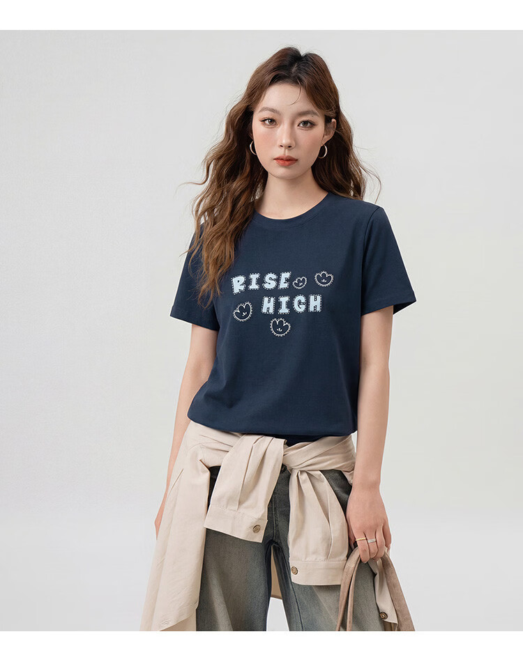 TonLion 2026 Summer New Women's Short Sleeve T-Shirt American Early Spring Stylish Navy Blue Slim Fit Top 11