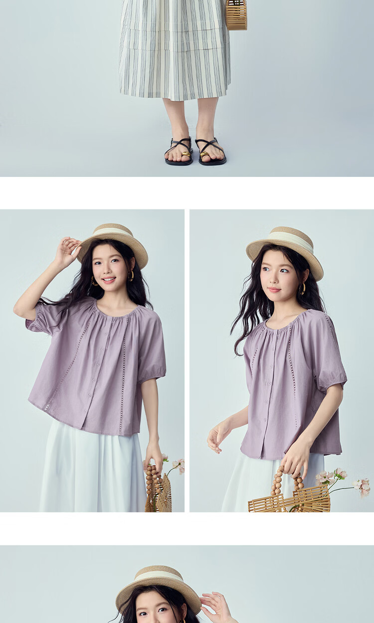 Giordano Women's New Linen Shirt Cotton Linen Hollow Out Pleated Loose Round Neck Raglan Mid Sleeve Shirt 05346462 14