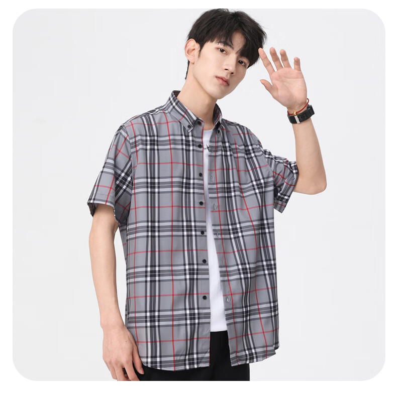 Woodpecker Casual Versatile Plaid Shirt Men 2026 Summer Trendy Ins Thin Loose Short Sleeve Top Black M 31