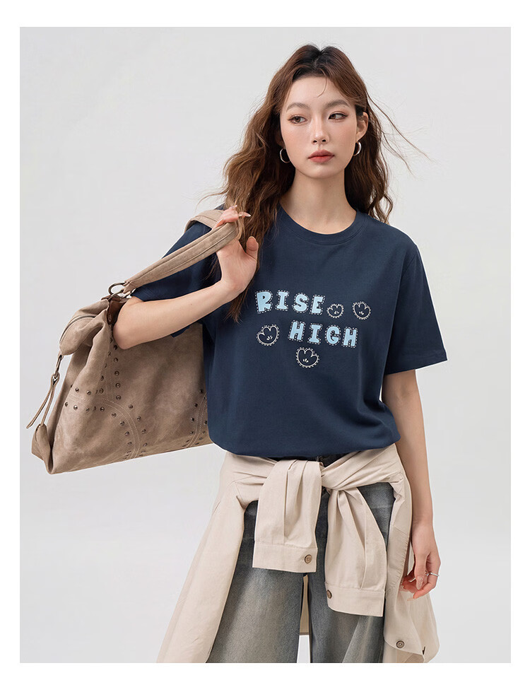 TonLion 2026 Summer New Women's Short Sleeve T-Shirt American Early Spring Stylish Navy Blue Slim Fit Top 13