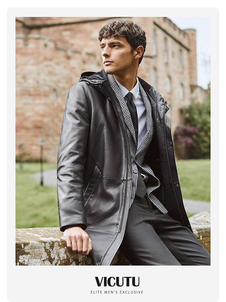 威可多vicutu男士皮衣可拆卸羽绒内胆羊皮革连帽保暖皮夹克 专vrw8