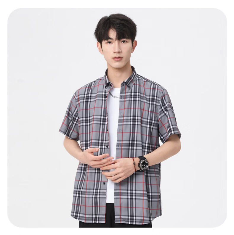 Woodpecker Casual Versatile Plaid Shirt Men 2026 Summer Trendy Ins Thin Loose Short Sleeve Top Black M 34