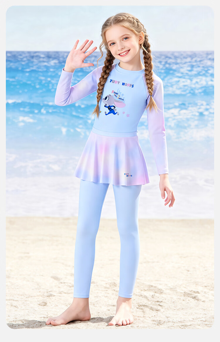 Disney Girls Quick-Dry Swimwear Set Summer Long Sleeve Split Skirt Style Sun Protection Swimsuit Pink Blue 140 10