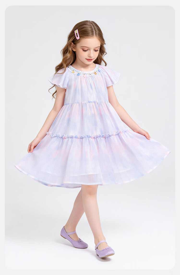Disney Girls Tie-Dye Summer Dress with Cap Sleeves and Ruffled Hem, Sweet Princess Style, Pink Purple, Size 120 14