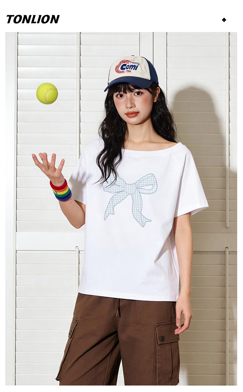 TonLion Women's Short Sleeve Off-Shoulder Asymmetric T-Shirt 2026 Summer New Korean Style Petite Half Sleeve Top 8