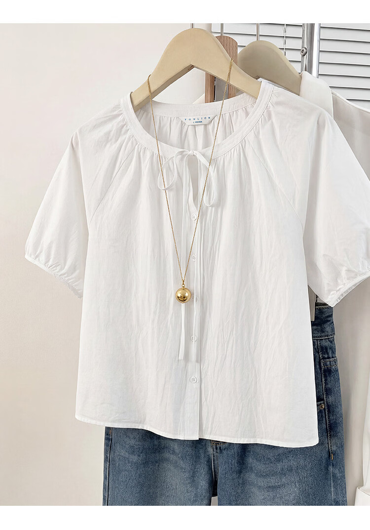 TonLion 2026 Summer New Women's Short Sleeve Shirt Round Neck Sweet Niche Design Puff Sleeve Beautiful Top 10