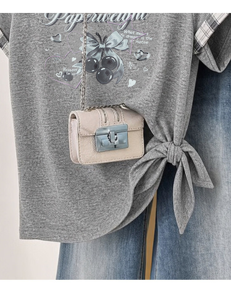 TonLion 2026 Summer New Slim Fit Gray Patchwork Short Sleeve T-Shirt for Women Stylish Casual Designer Niche Top 4