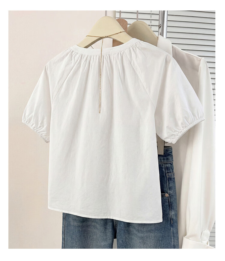 TonLion 2026 Summer New Women's Short Sleeve Shirt Round Neck Sweet Niche Design Puff Sleeve Beautiful Top 6