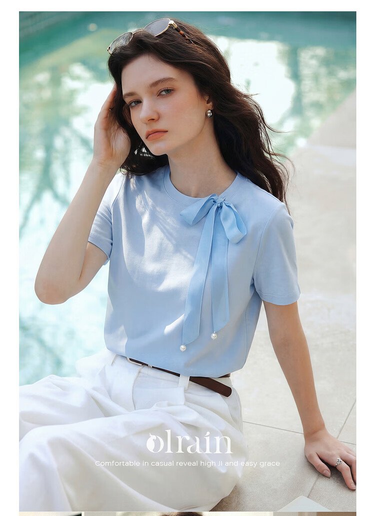 Olrain Detachable Ribbon French Style Short Sleeve T-Shirt Women Summer New Shoulder Round Neck Top Beige M 22