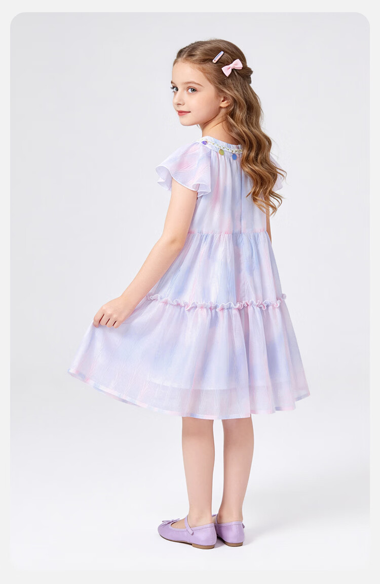 Disney Girls Tie-Dye Summer Dress with Cap Sleeves and Ruffled Hem, Sweet Princess Style, Pink Purple, Size 120 13