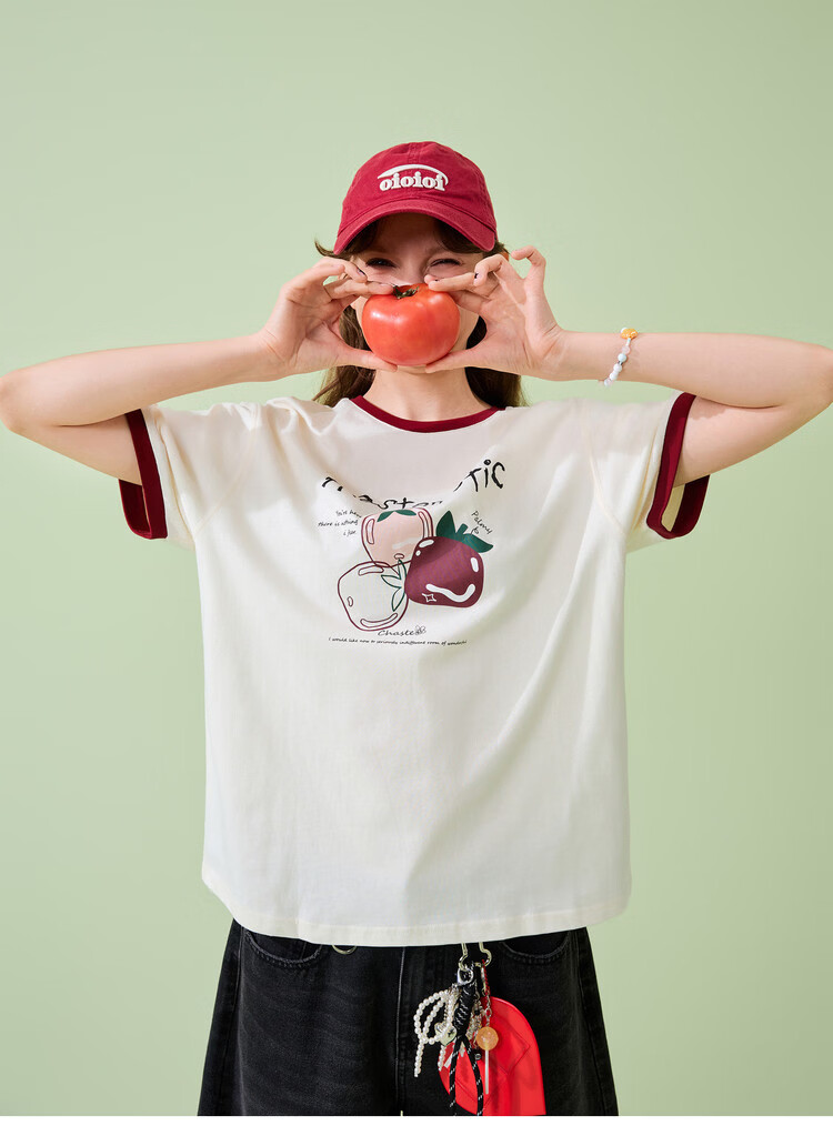 TonLion 2026 Summer Women's Color-Block Collar Short Sleeve T-Shirt with Fruit Pattern, Versatile, Fashionable, Comfortable, Premium Women's T-Shirt 4