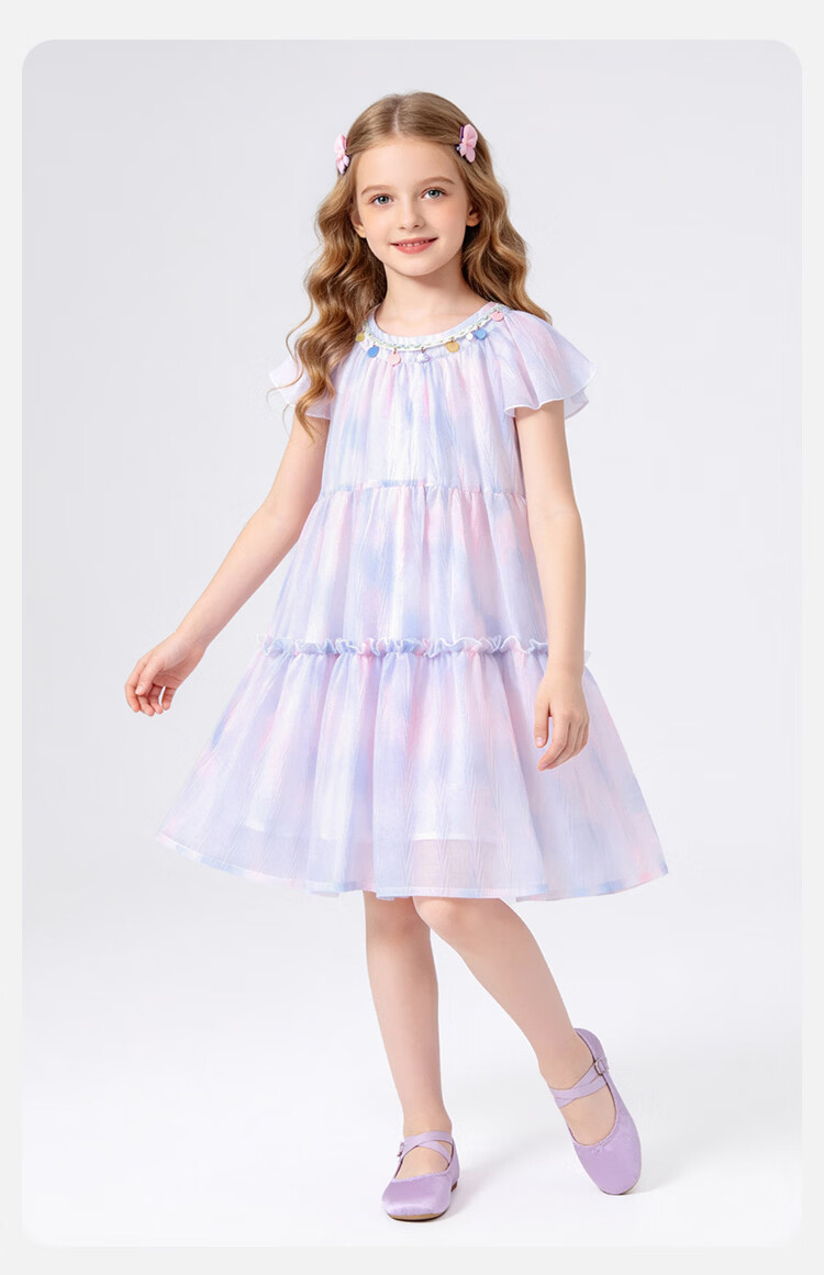 Disney Girls Tie-Dye Summer Dress with Cap Sleeves and Ruffled Hem, Sweet Princess Style, Pink Purple, Size 120 12