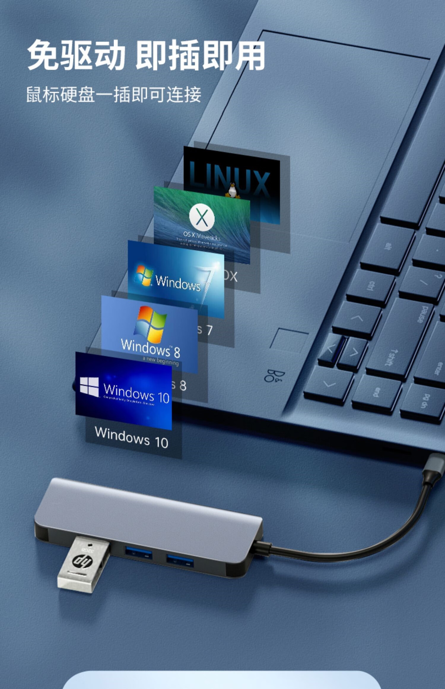 0扩展器typec拓展坞多接口一拖四hub集分线器苹果笔记本电脑 浅蓝色