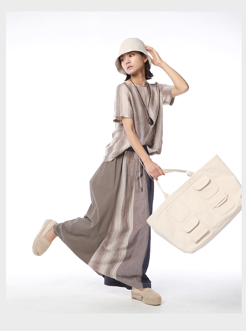 竹林石屋半身裙夏女士长裙大摆高腰亚麻文艺百褶吸湿透气拼接时尚