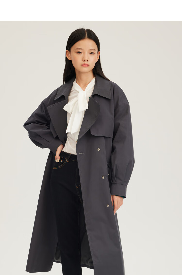 eland衣恋通勤简约风衣2022年秋季新款时尚单排扣灰色中长款风衣 灰色