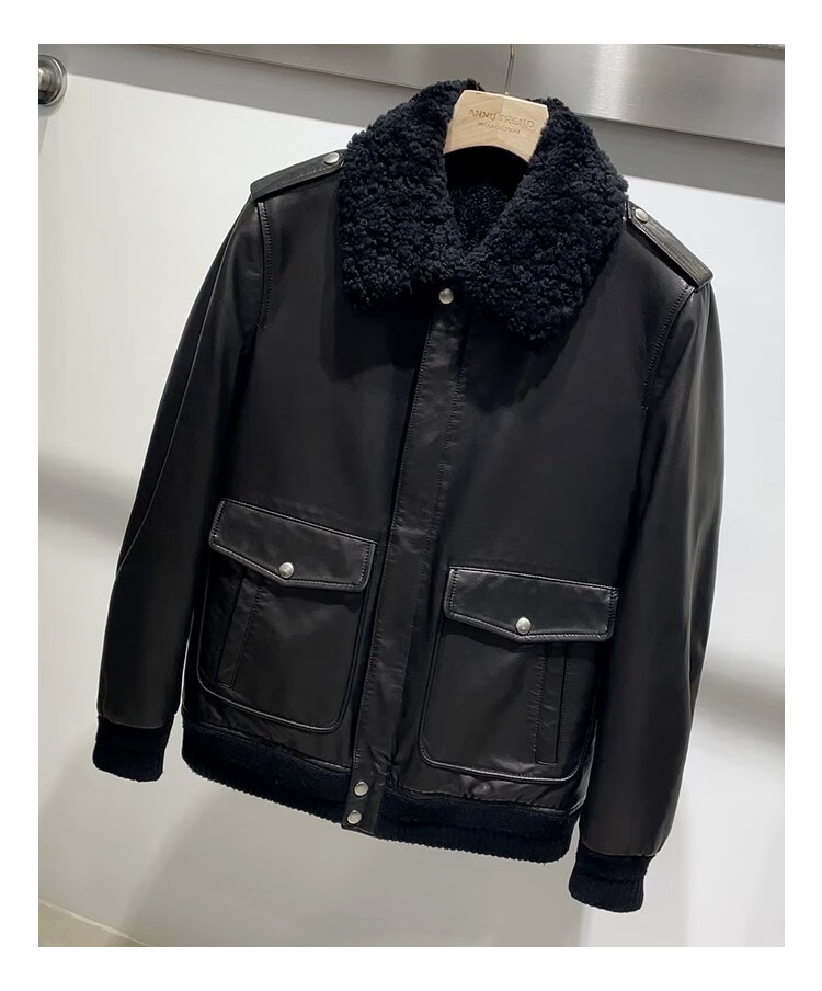 【京品优选】秋冬新款slp原生态羊羔毛皮毛一体机车夹克外套 真皮皮衣