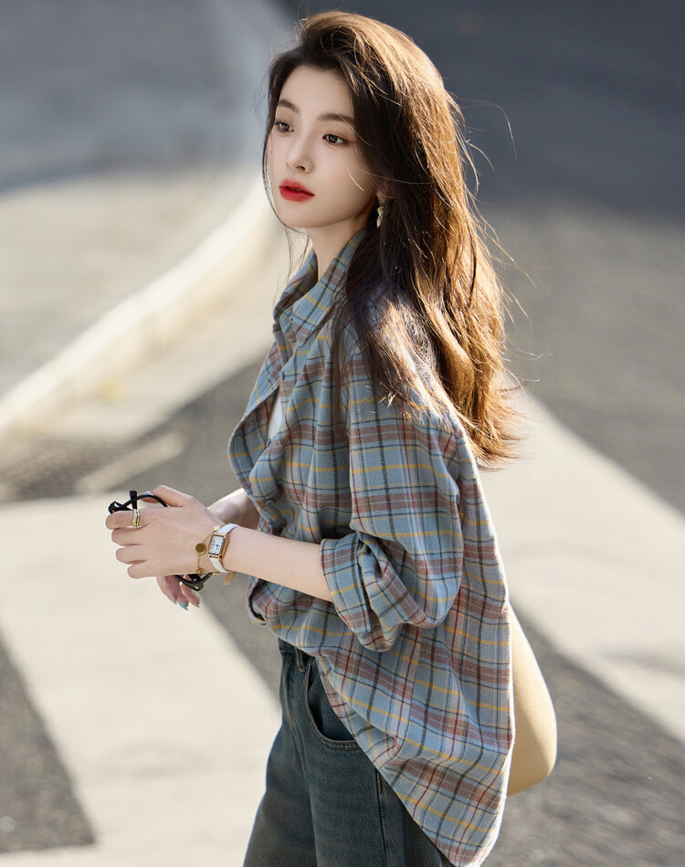 Demana Spring Autumn Breathable Pure Cotton Vintage Plaid Shirt Comfortable Slimming Blouse Women's Dark Blue L 13