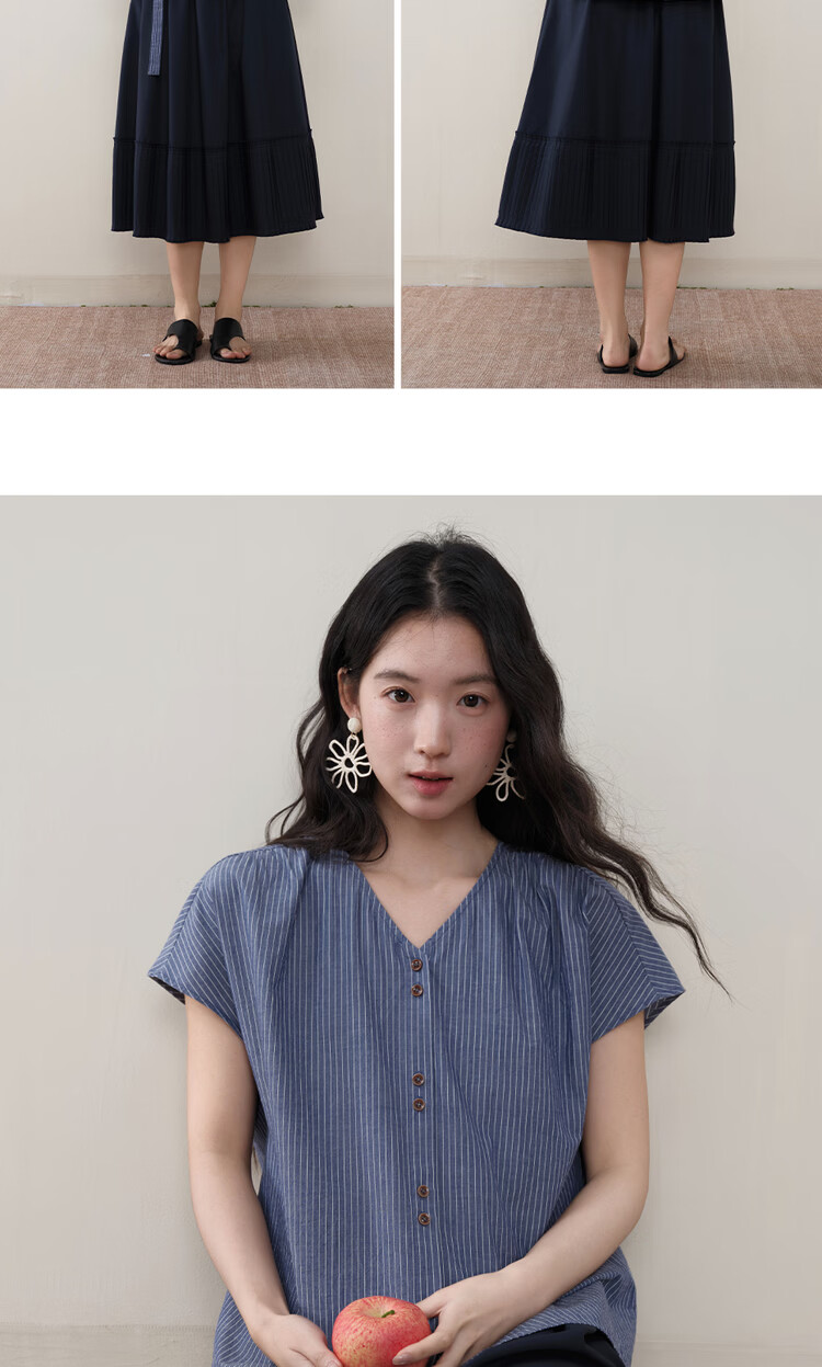 Giordano Designer Women's Summer New Cotton Linen Tie-Striped V-Neck Short Sleeve Shirt 18346311 13