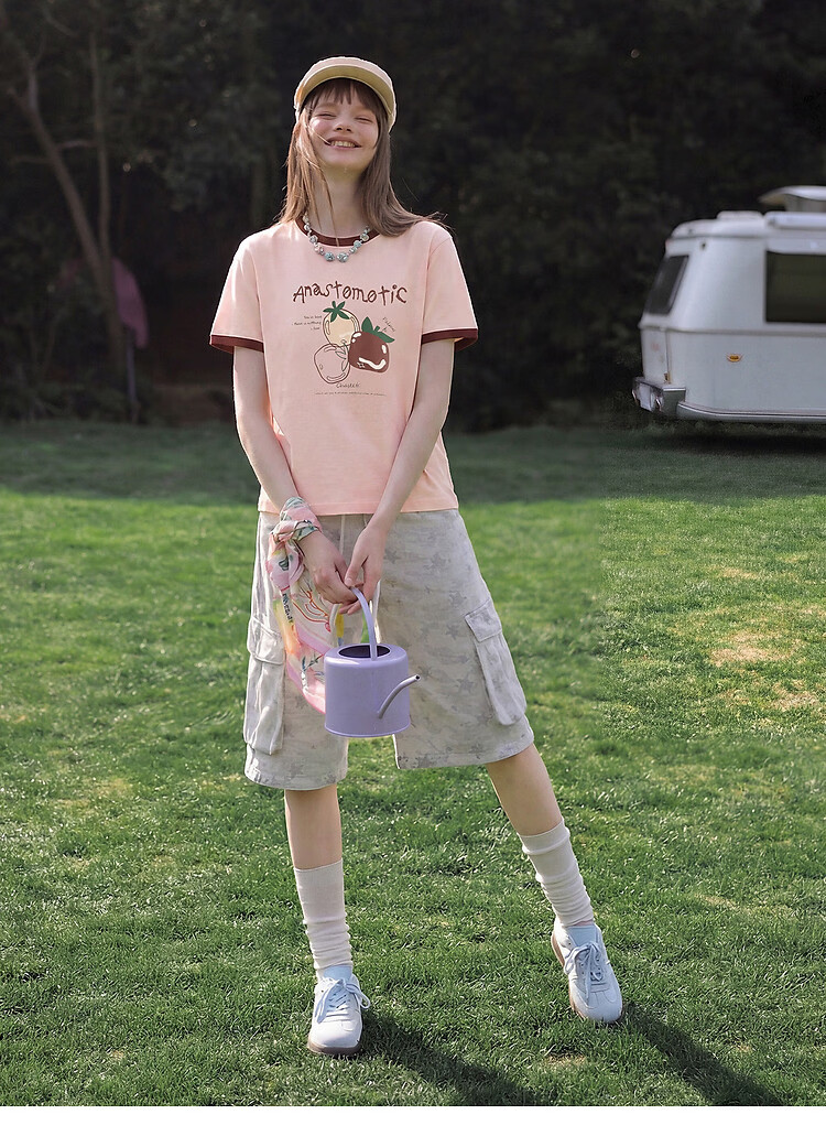TonLion 2026 Summer Women's Color-Block Collar Short Sleeve T-Shirt with Fruit Pattern, Versatile, Fashionable, Comfortable, Premium Women's T-Shirt 11