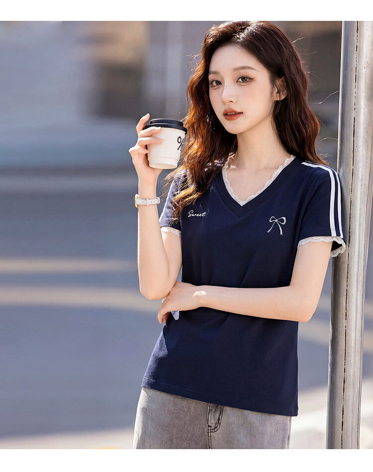 TonLion [Cool Touch] 2026 Summer Women's Lace Short-Sleeve T-Shirt, V-Neck, Slim Fit, Elegant Women's Tee 7