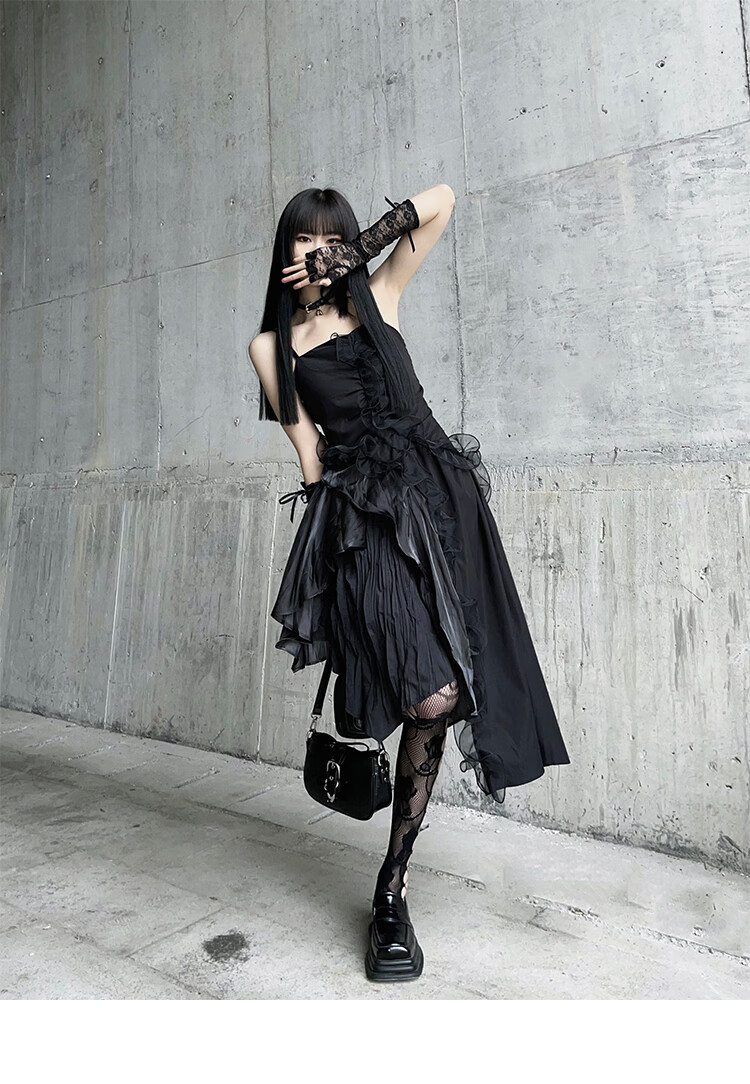 知火舞cos幽灵少女暗黑系黑色吊带连衣裙万圣节服装女