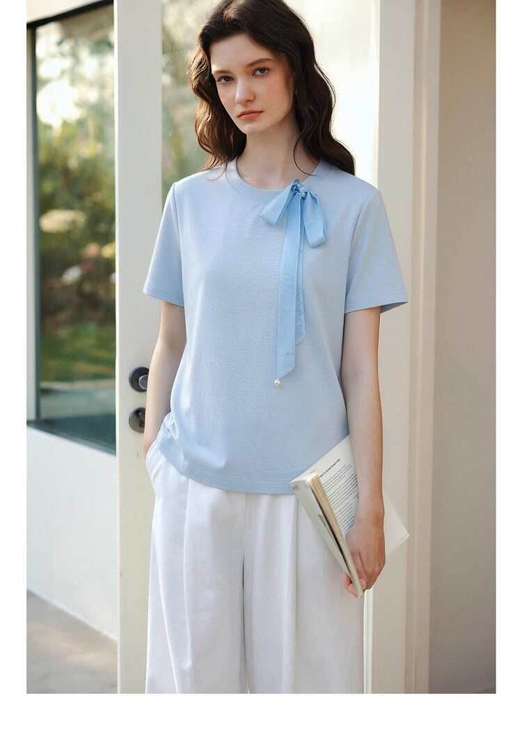 Olrain Detachable Ribbon French Style Short Sleeve T-Shirt Women Summer New Shoulder Round Neck Top Beige M 23