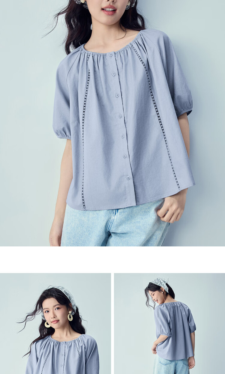 Giordano Women's New Linen Shirt Cotton Linen Hollow Out Pleated Loose Round Neck Raglan Mid Sleeve Shirt 05346462 16