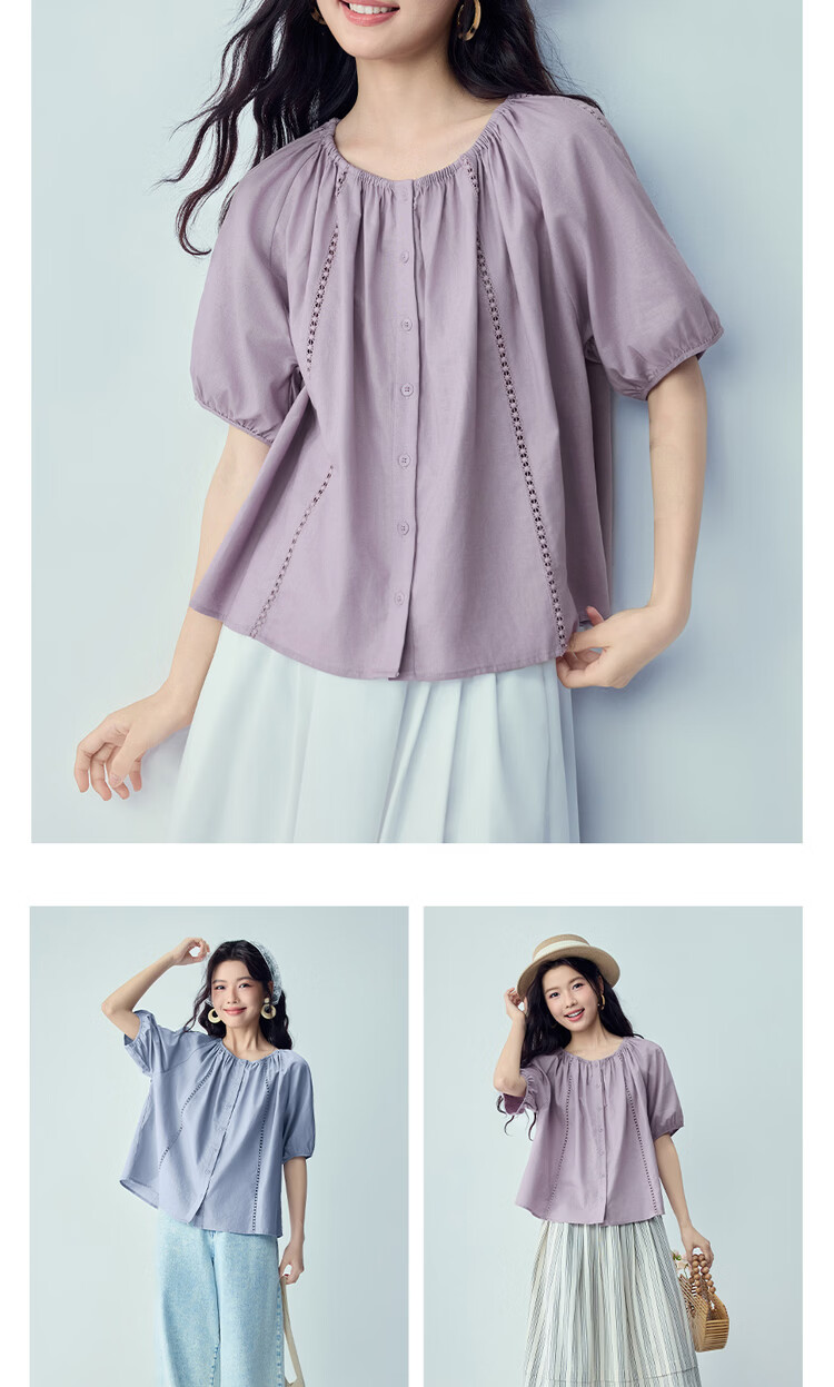 Giordano Women's New Linen Shirt Cotton Linen Hollow Out Pleated Loose Round Neck Raglan Mid Sleeve Shirt 05346462 11